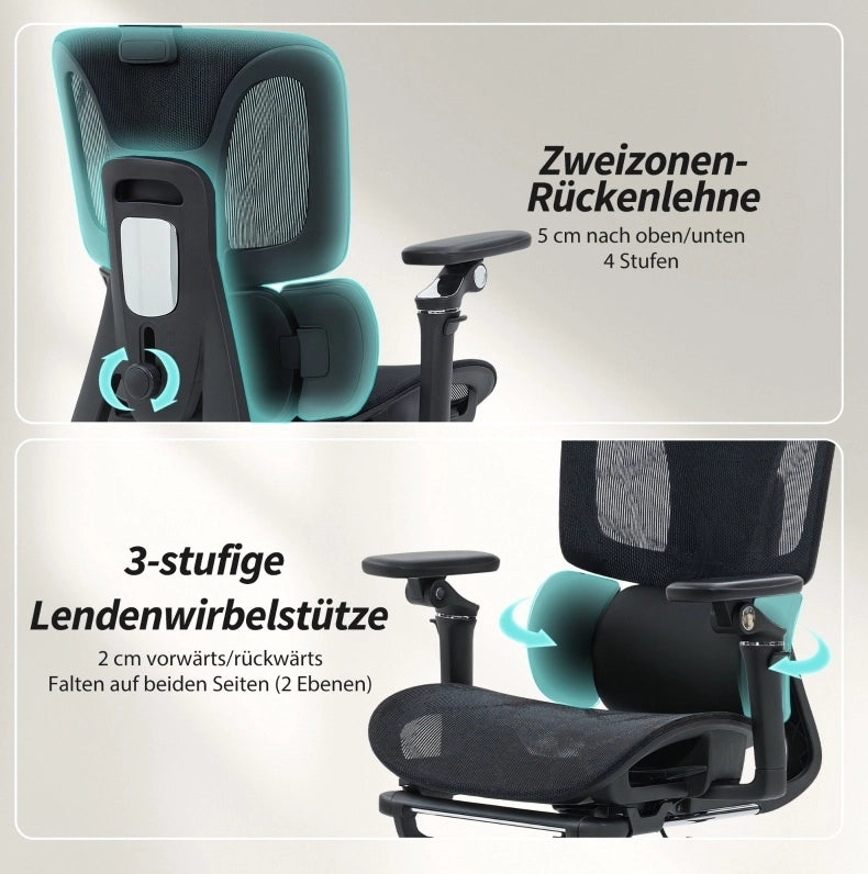 Sedia da ufficio ergonomica nera con braccioli 6D e poggiapiedi
