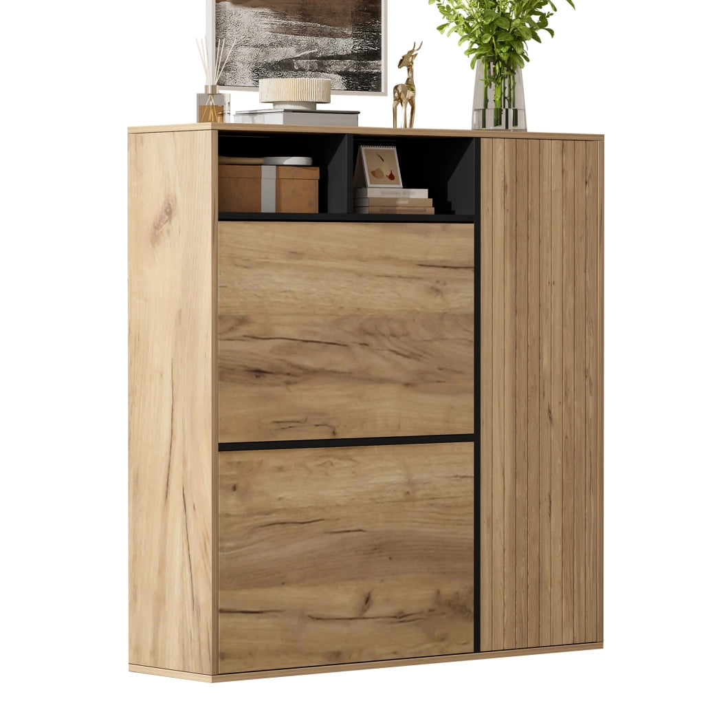 Scarpiera 90x24x94 cm naturale e nera in MDF con 2 ribalte e 1 anta