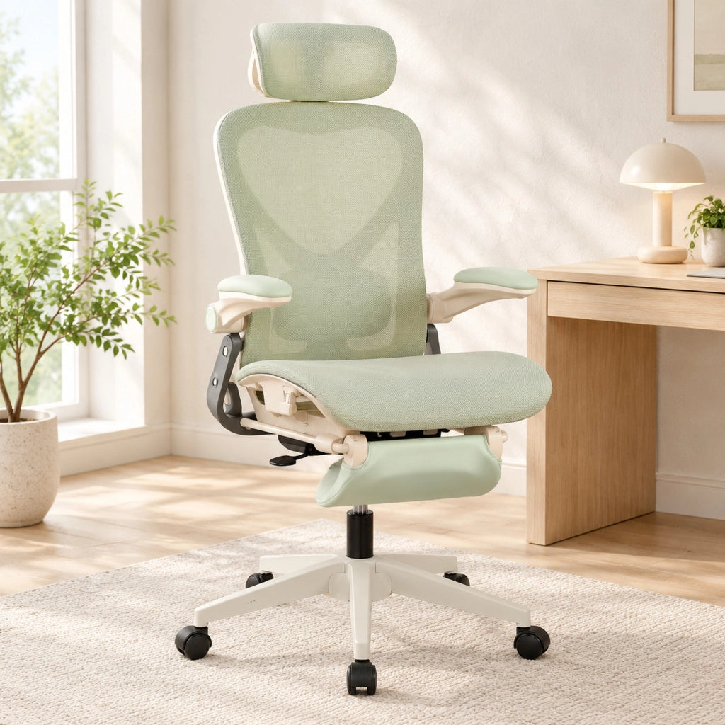Sedia da ufficio pieghevole verde in rete con poggiatesta 3D e supporto lombare