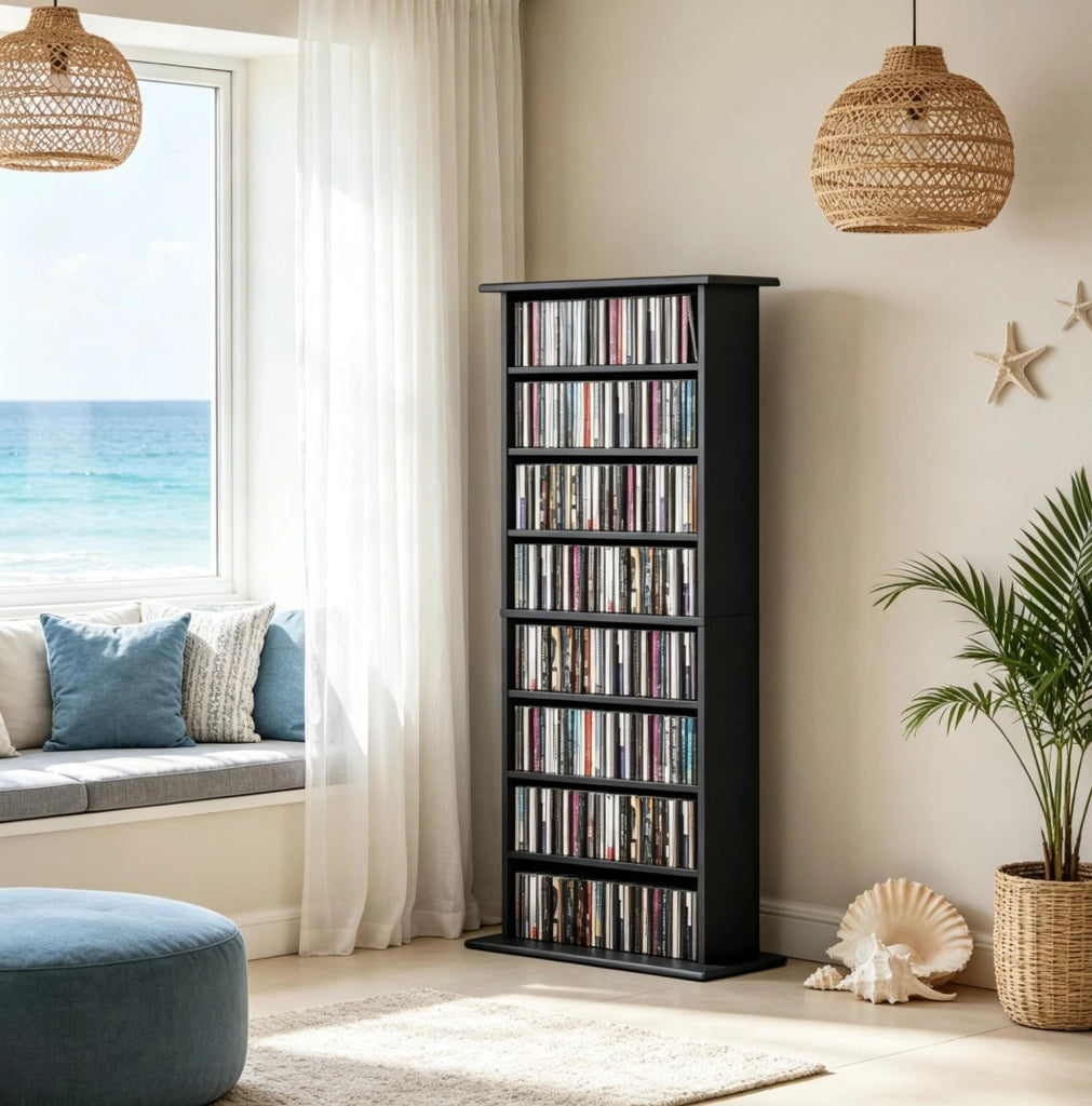 Scaffale porta CD e DVD nero con 6 ripiani regolabili, capacità 360 CD