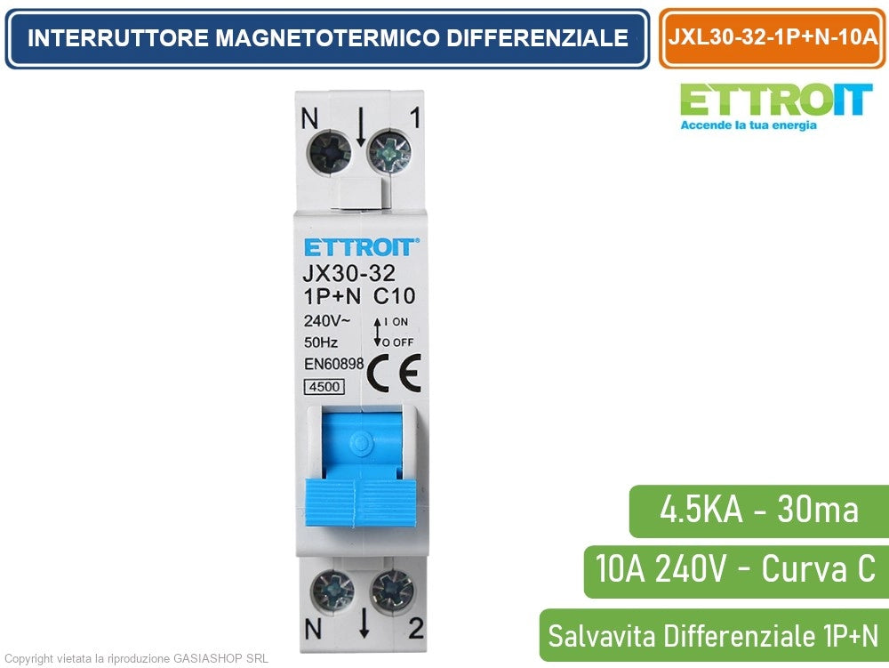 ETTROIT INTERRUTTORE MAGNETOTERMICO DIFFERENZIALE SALVAVITA PER BARRA DIN 1 MODULO 1P+N 10A C10 240V 30mA 4.5KA