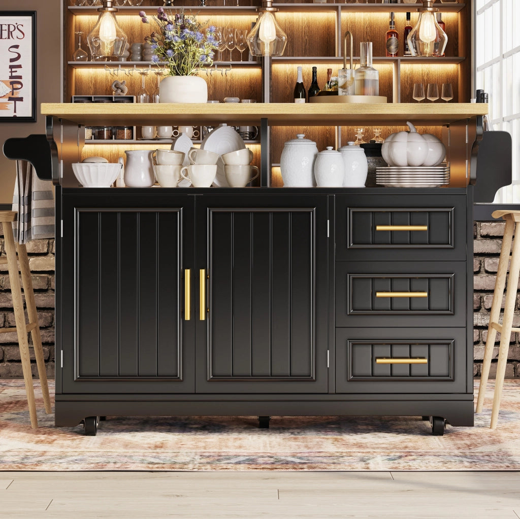Isola cucina su ruote nera effetto rovere con piani ribaltabili