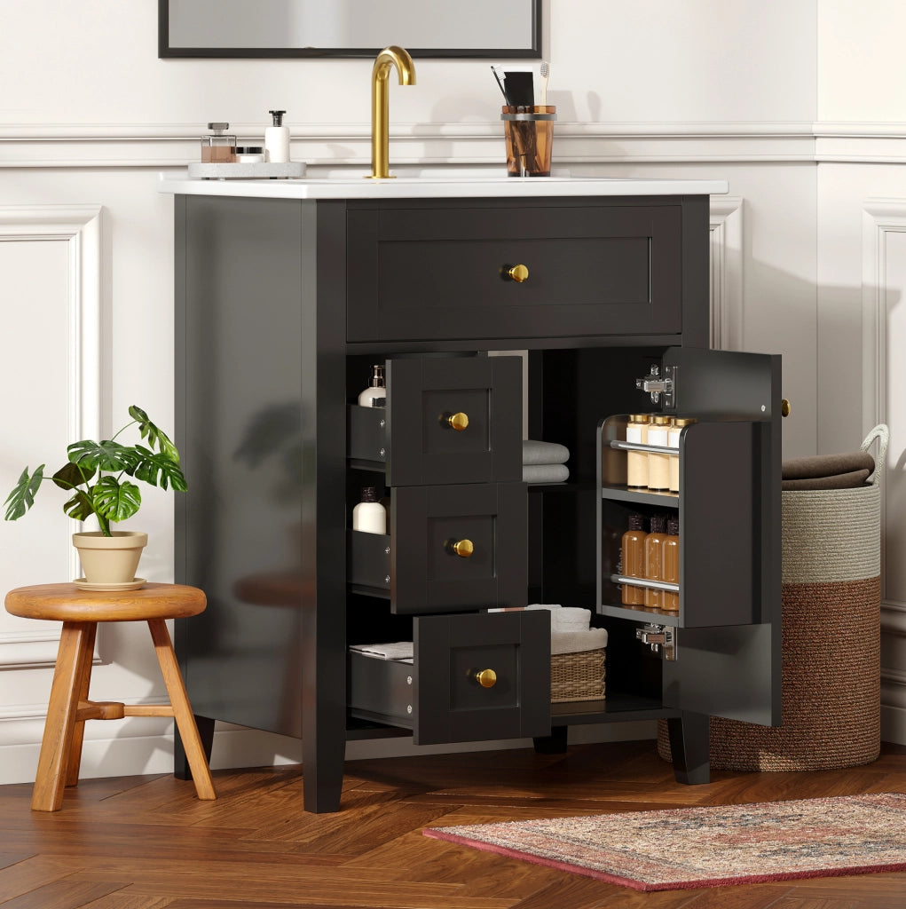 Mobile bagno da terra 61 cm nero lucido con lavabo in ceramica e cassetti
