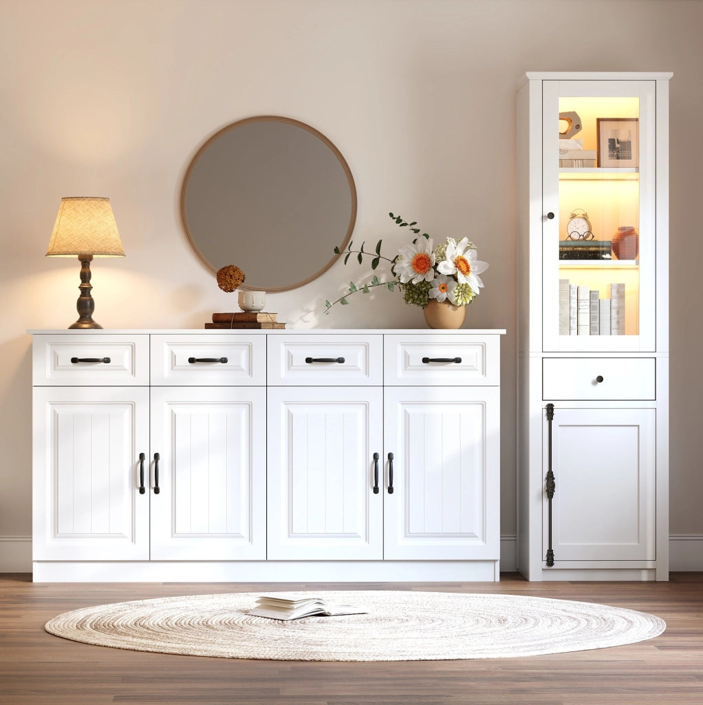 Set credenza e vetrina 160x35x80 e 55x40x200 cm in MDF e vetro; bianco con LED