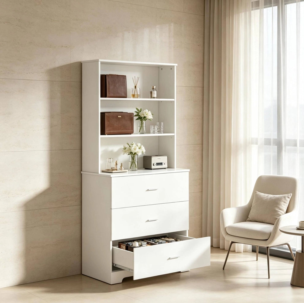 Libreria bianca con 3 ripiani aperti e 3 cassetti