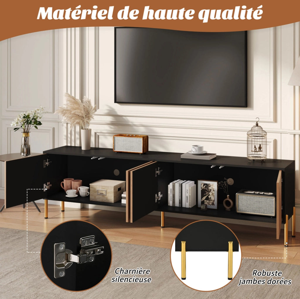 Mobile TV moderno nero e naturale 179x35x53,5 cm con gambe oro e design minimalista