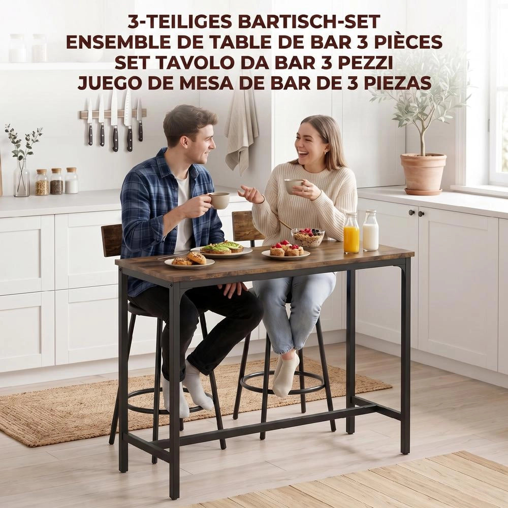 Set Tavolo da Bar con 2 Sgabelli Imbottiti in PU, Tavolo Alto Cucina Salvaspazio con Poggiapiedi, Design Moderno per Casa, Marrone