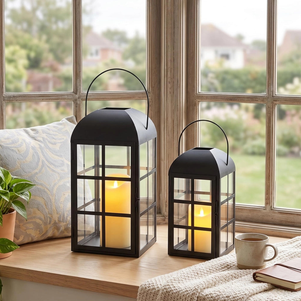 Set di 2 lanterne per candele, altezza 35 cm e 26 cm, in metallo, colore nero