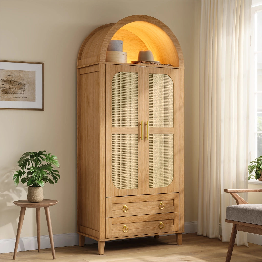 Armadio con nicchia ad arco LED via app; 2 ante effetto rattan; asta appendiabiti e 2 cassetti naturale 76 × 50 × 184 cm