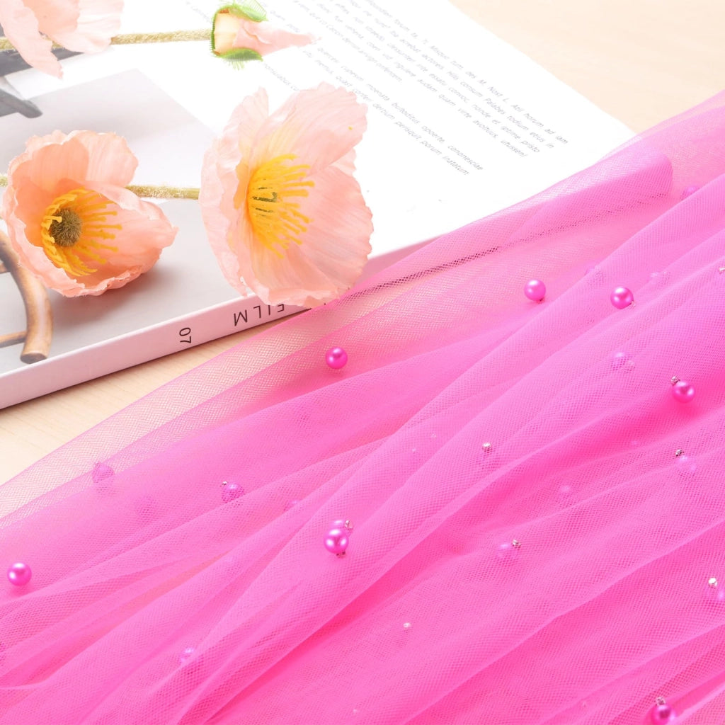 Tovaglia con perline, in tulle, 160 x 304,8 cm, rosa tenue