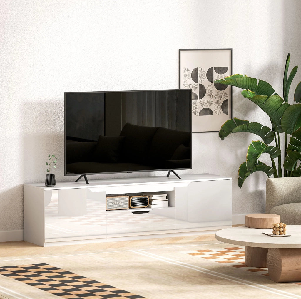 Mobile TV basso 160 cm in legno bianco con 2 ante, cassetto e passacavi