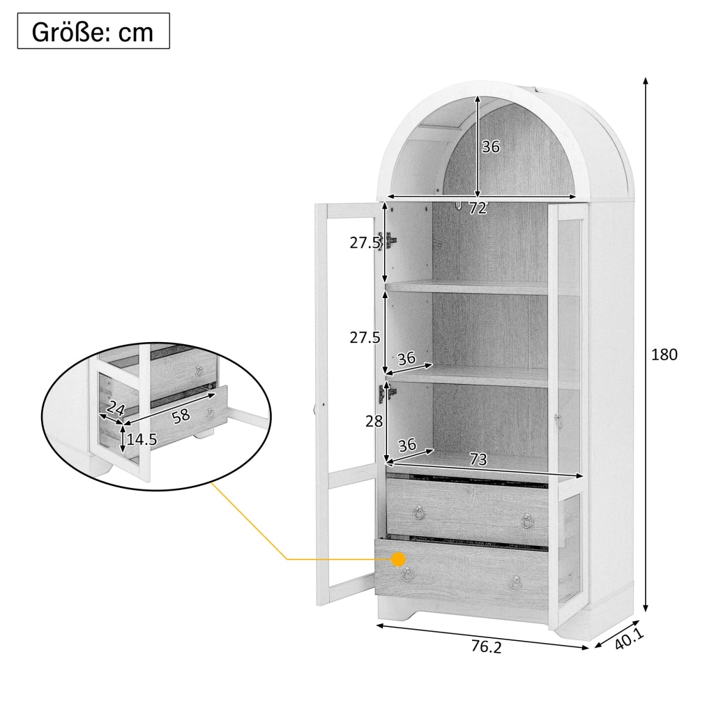 Credenza alta bianca con ante in vetro, ripiani regolabili e cassetti