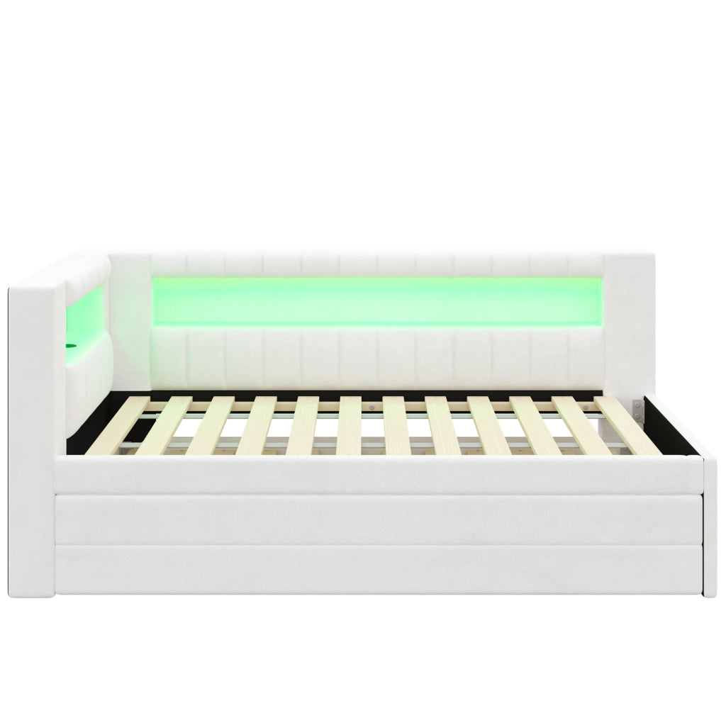 Letto divano imbottito 90 x 200 cm con letto estraibile, 3 cassetti, LED e USB, bianco