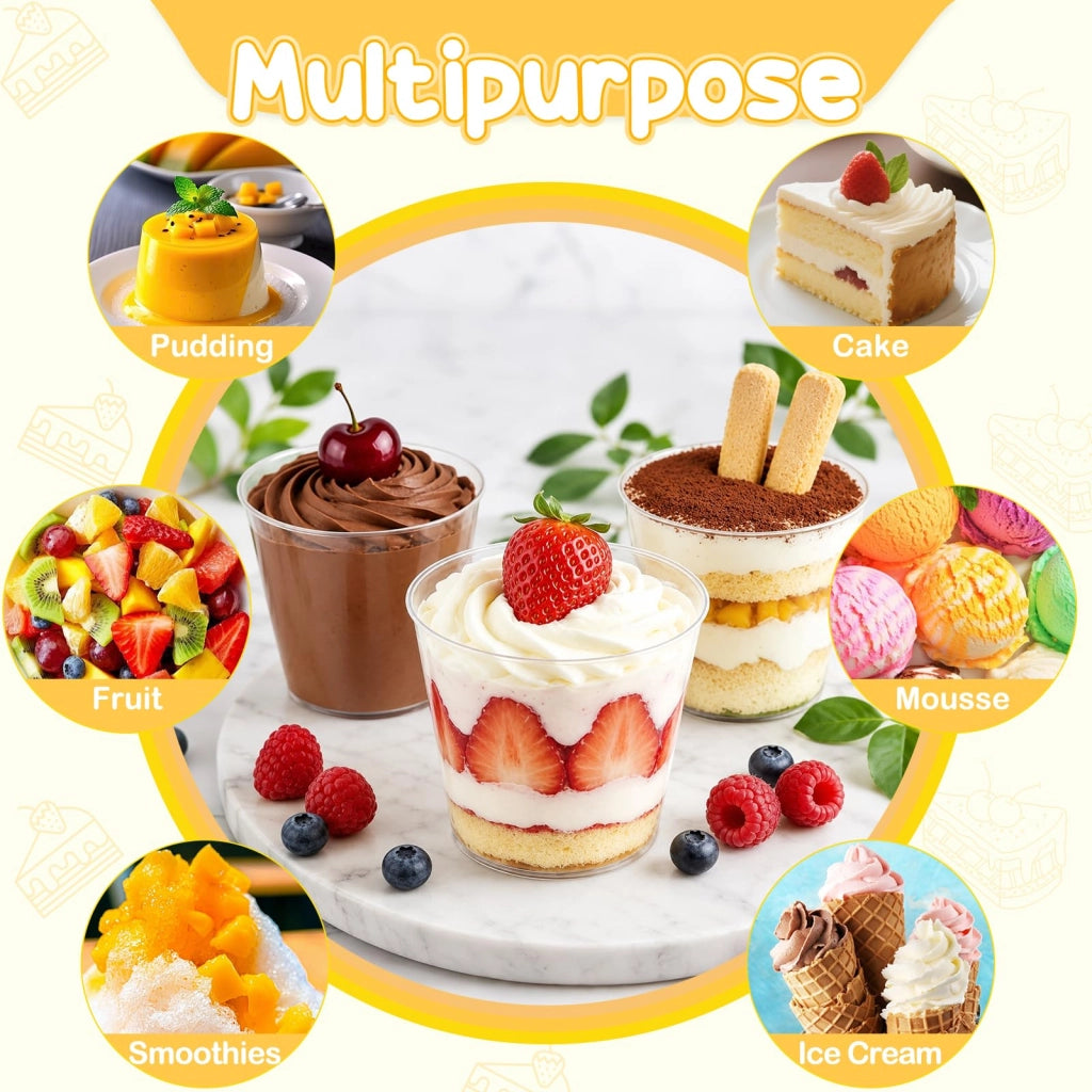 Bicchieri per dessert in plastica, capacità 180 ml, con coperchio e cucchiaino, confezione da 100 pezzi, forma rotonda