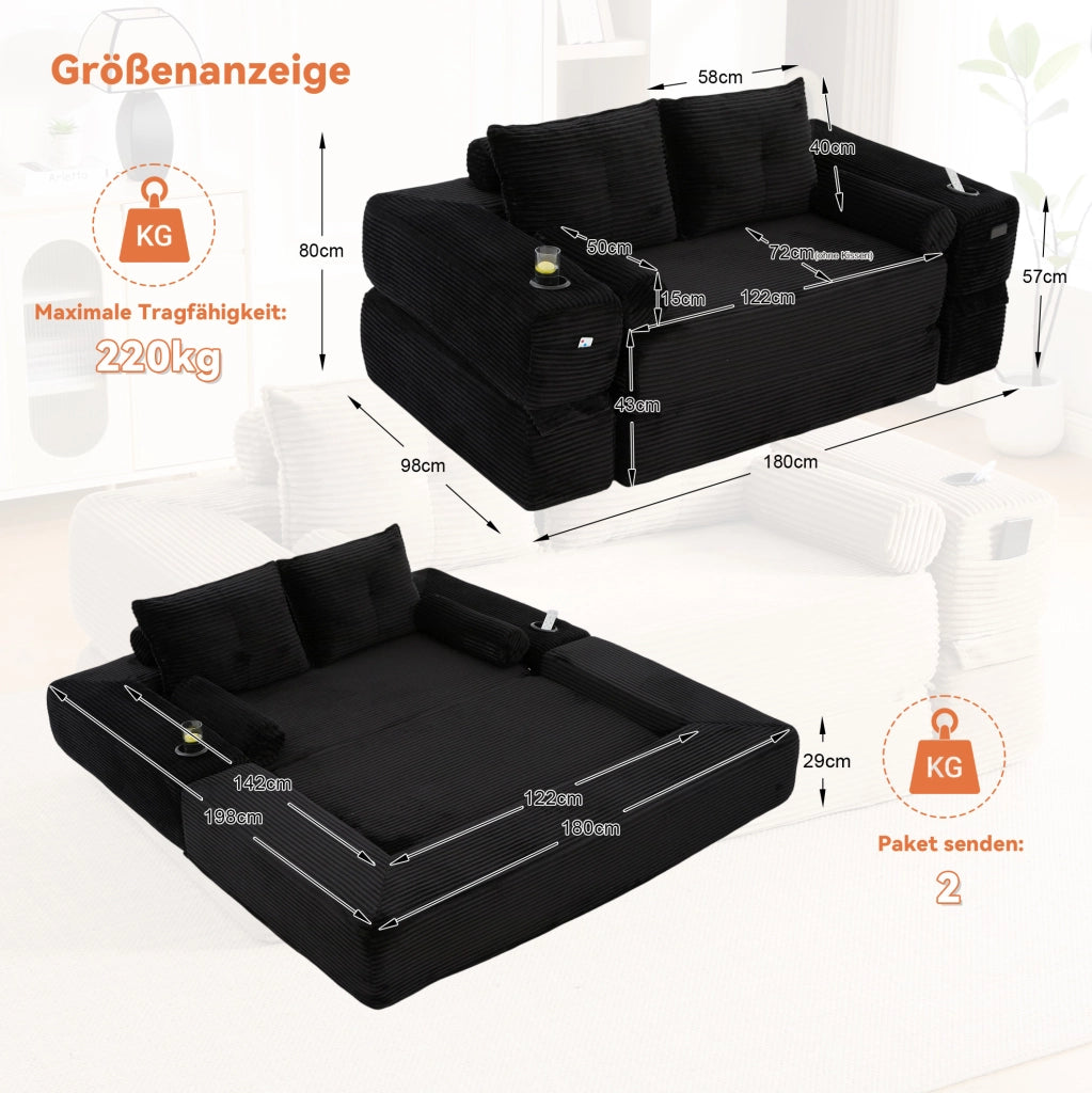 Divano Letto; trasformabile in letto; modulare; in velluto a coste nero; 180x98x80 cm con tasche laterali e portabicchieri