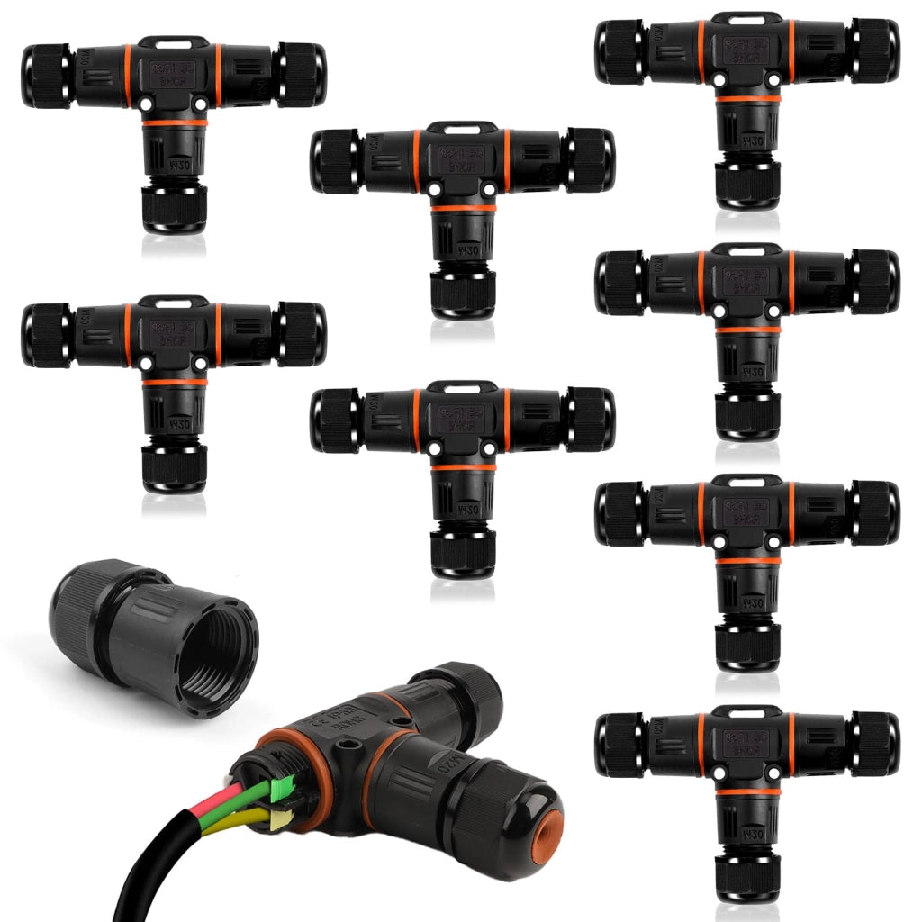 8 pezzi connettori per cavi, impermeabili IP68, scatola di derivazione a forma di T, morsettiera, cavi interrati a 3 poli, giunto di connessione per diametro cavo Ø 3-12 mm, ABS