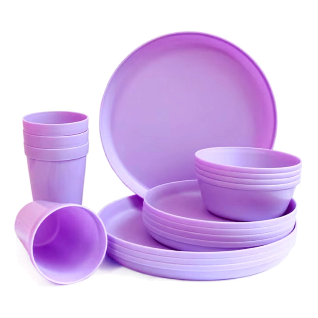 Set di stoviglie in plastica da 16 pezzi, colore viola, adatto al microonde e lavabile in lavastoviglie