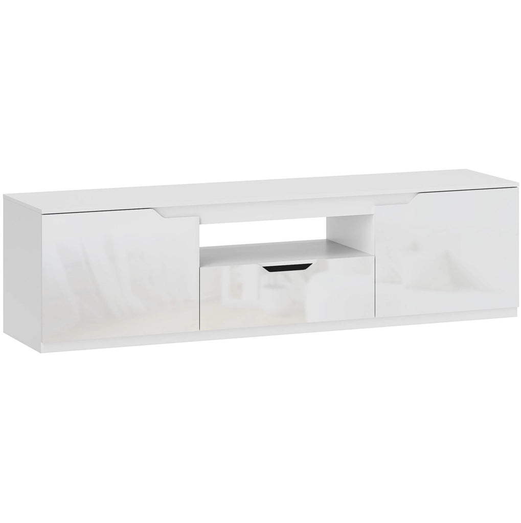 Mobile TV basso 160 cm in legno bianco con 2 ante, cassetto e passacavi