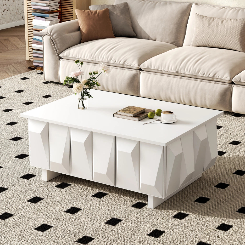 Tavolino da caffè 95x67x39;5 cm con 3 ante e frontali 3D in truciolare; bianco