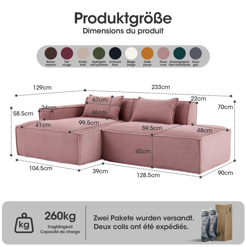 Divano moderno 235 cm rosa baby con molle insacchettate