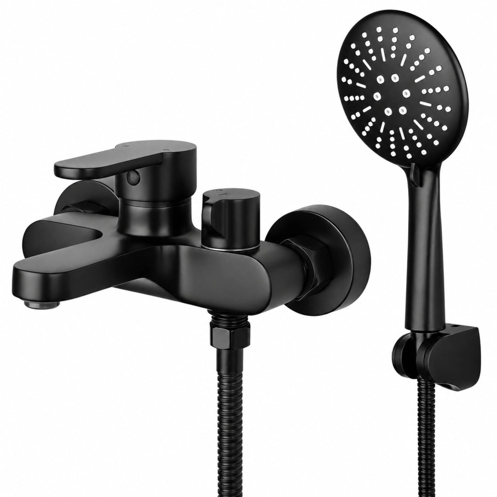 Rubinetteria da bagno con doccetta, nera, 3 funzioni, montaggio a parete 150 mm