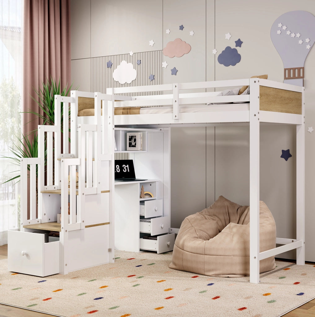 Letto a soppalco per bambini 90x200 cm con scrivania e contenitori