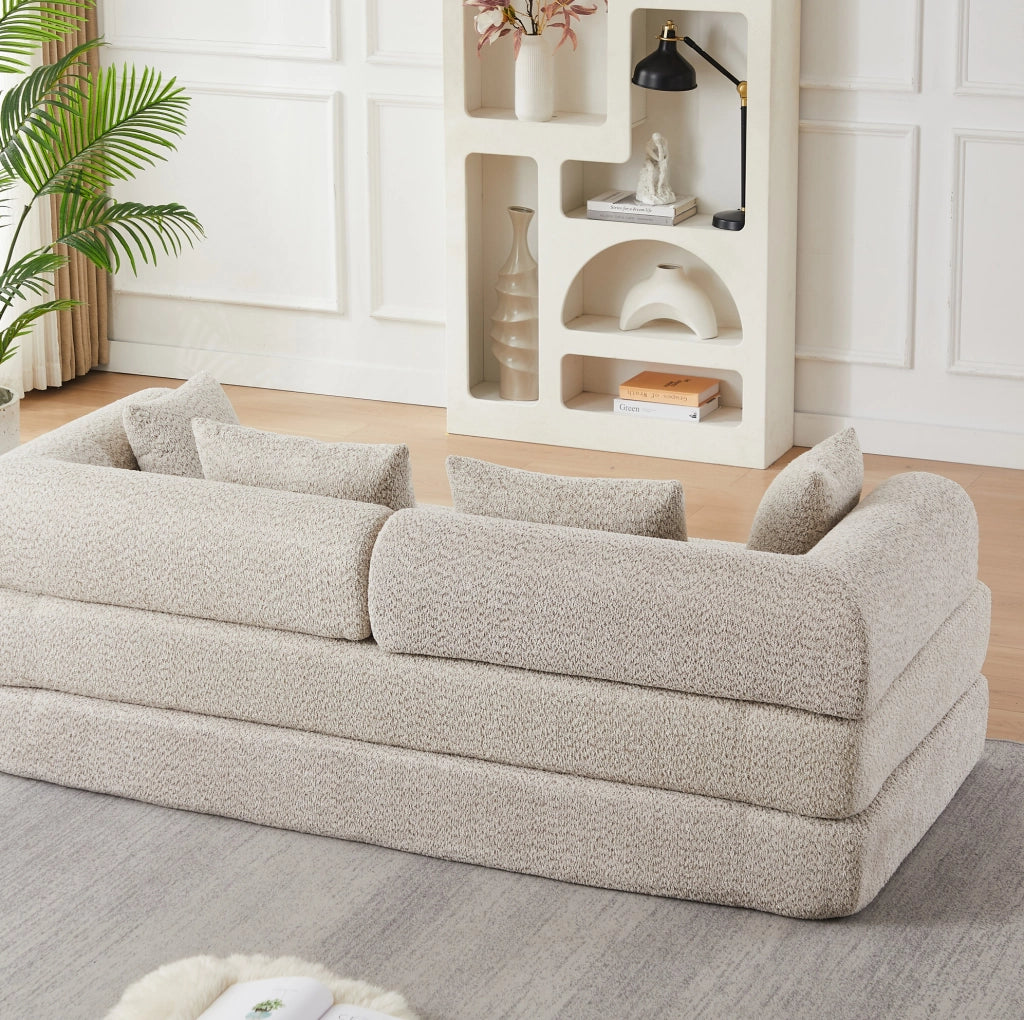 Divano letto modulare 4 in 1 in ciniglia beige con 4 cuscini