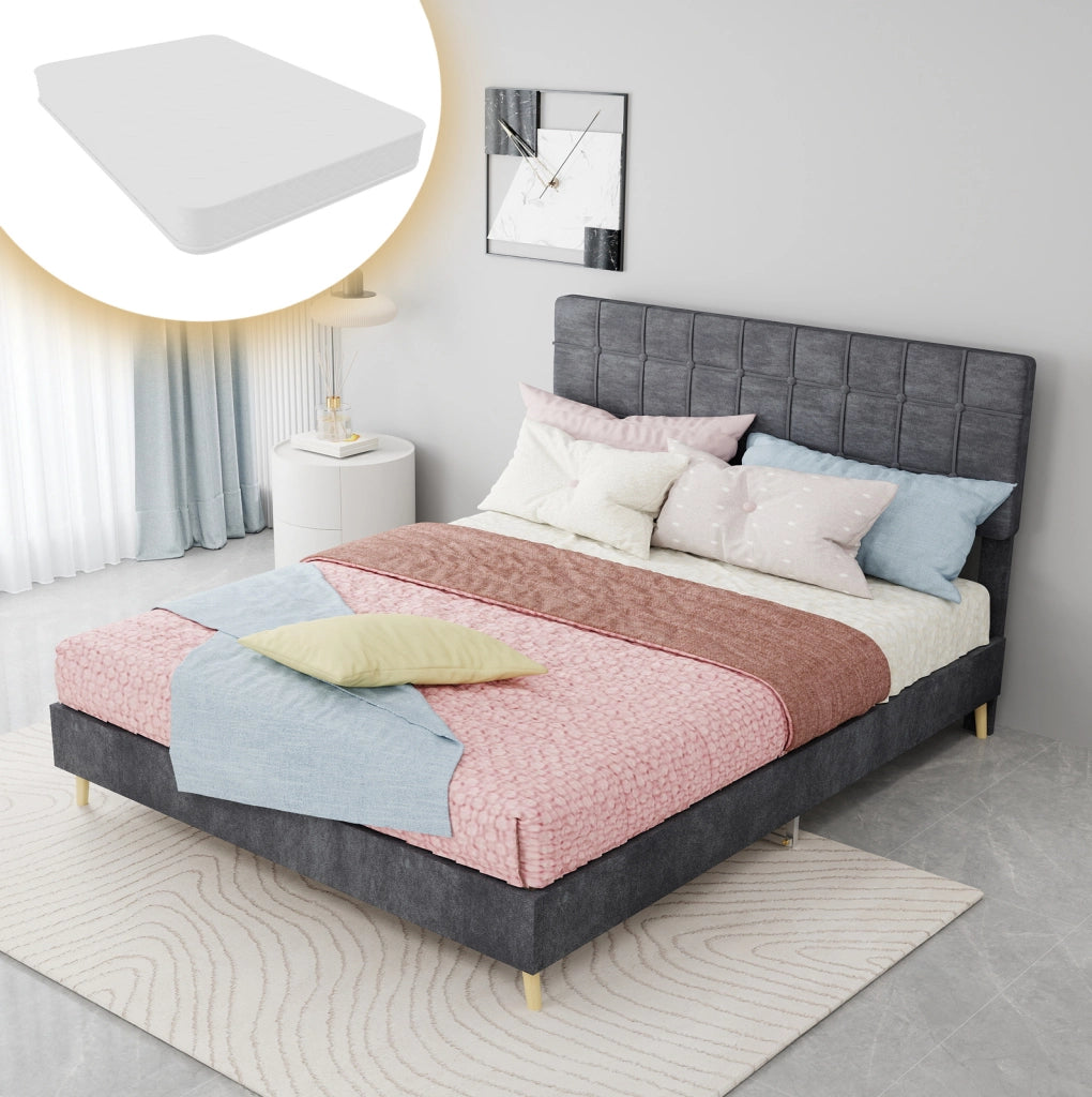 Letto matrimoniale 140 x 200 cm in tessuto grigio con testiera imbottita