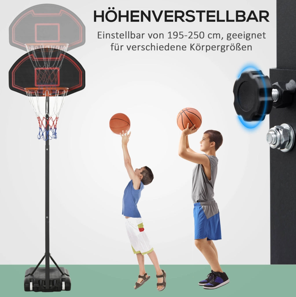 Canestro da basket con supporto in acciaio nero regolabile 195-250 cm con ruote