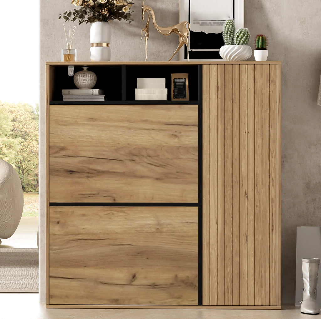 Scarpiera 90x24x94 cm naturale e nera in MDF con 2 ribalte e 1 anta