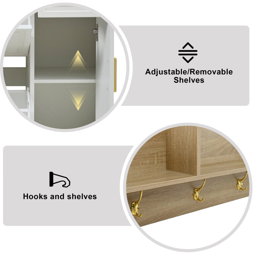 Set ingresso 4 pezzi con scarpiera, panca e specchio, bianco e naturale