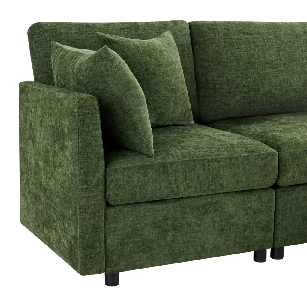DIVANO modulare 3 posti con pouf, 216x161x81 cm, ciniglia verde, 4 cuscini