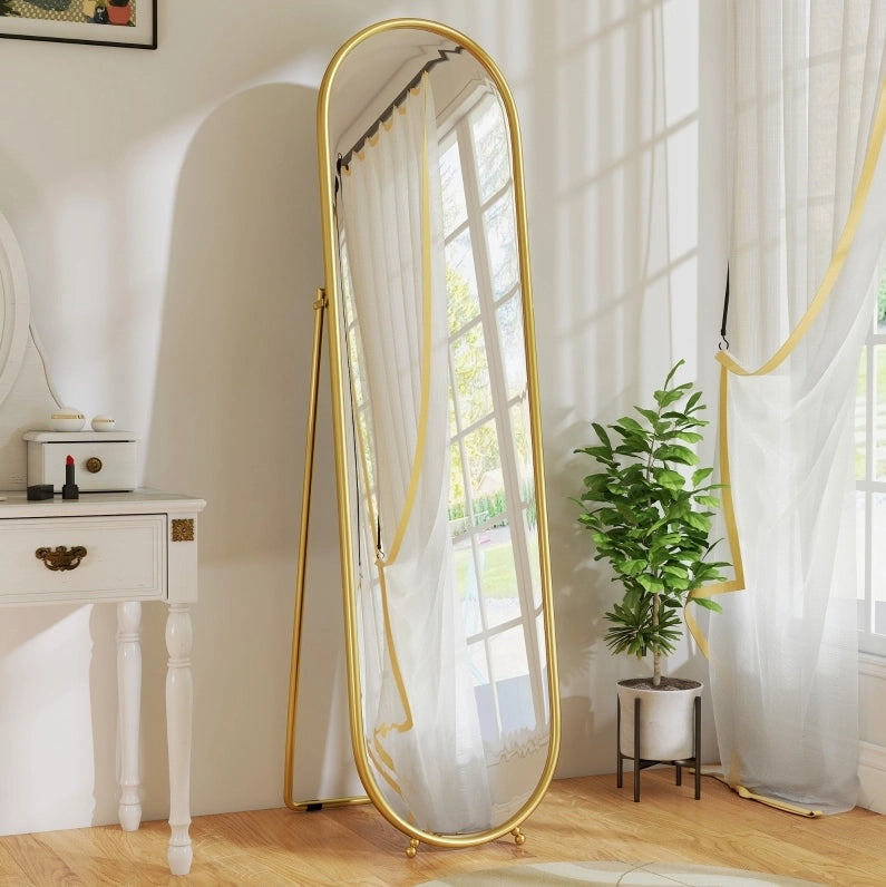 Specchio ovale a figura intera 50 x 180 cm con cornice dorata e supporto pieghevole