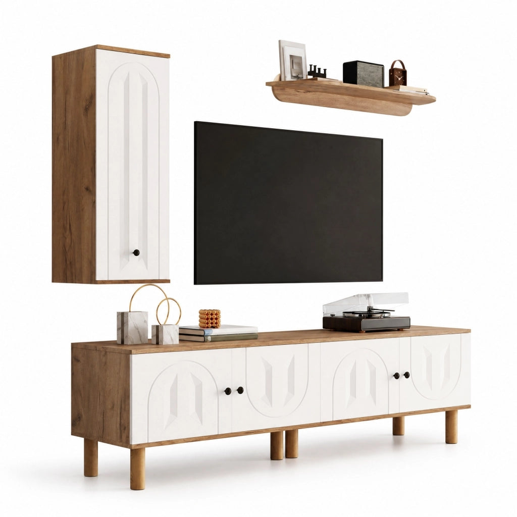 Mobile TV con contenitore 170 cm bianco e legno per soggiorno