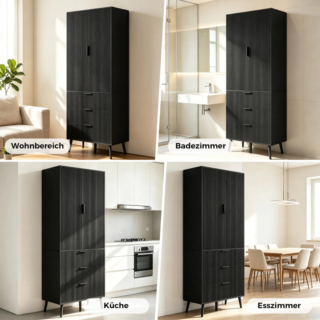 Armadio alto in MDF nero con 2 ante e 3 cassetti, 75 x 35 x 180 cm