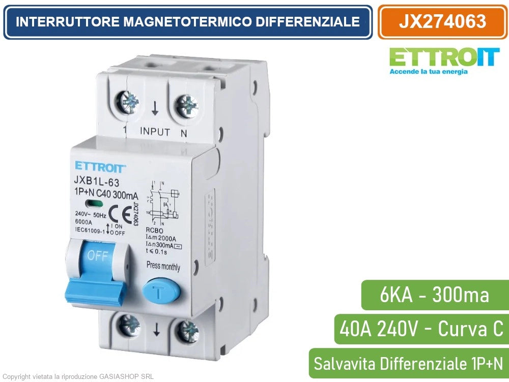 ETTROIT INTERRUTTORE MAGNETOTERMICO DIFFERENZIALE SALVAVITA PER BARRA DIN 2 MODULI 1P+N 40A C40 240V 300mA 6KA