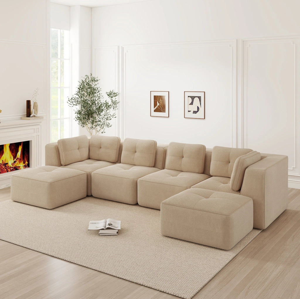DIVANO ANGOLARE Modulare 386x177x69 cm in Velluto a Coste Beige
