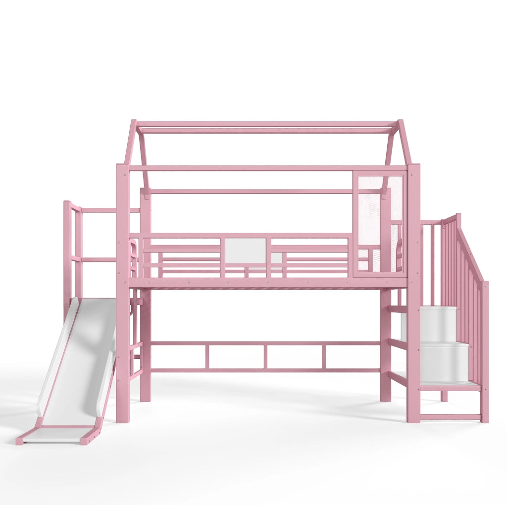Letto a soppalco rosa per bambini con scivolo e scala