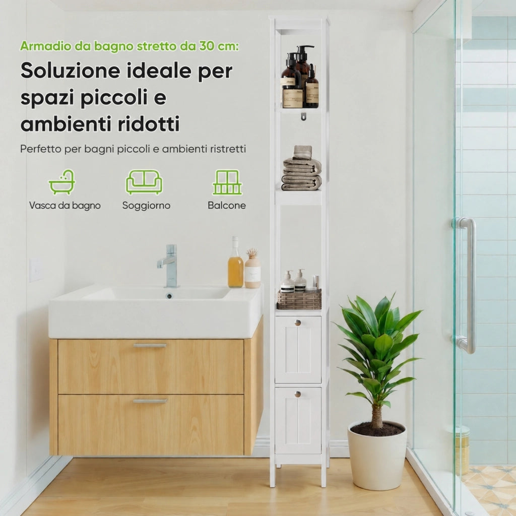 Colonna bagno 20 x 30 x 160 cm; stretta da terra con 2 cassetti e 3 ripiani aperti; MDF; bianco