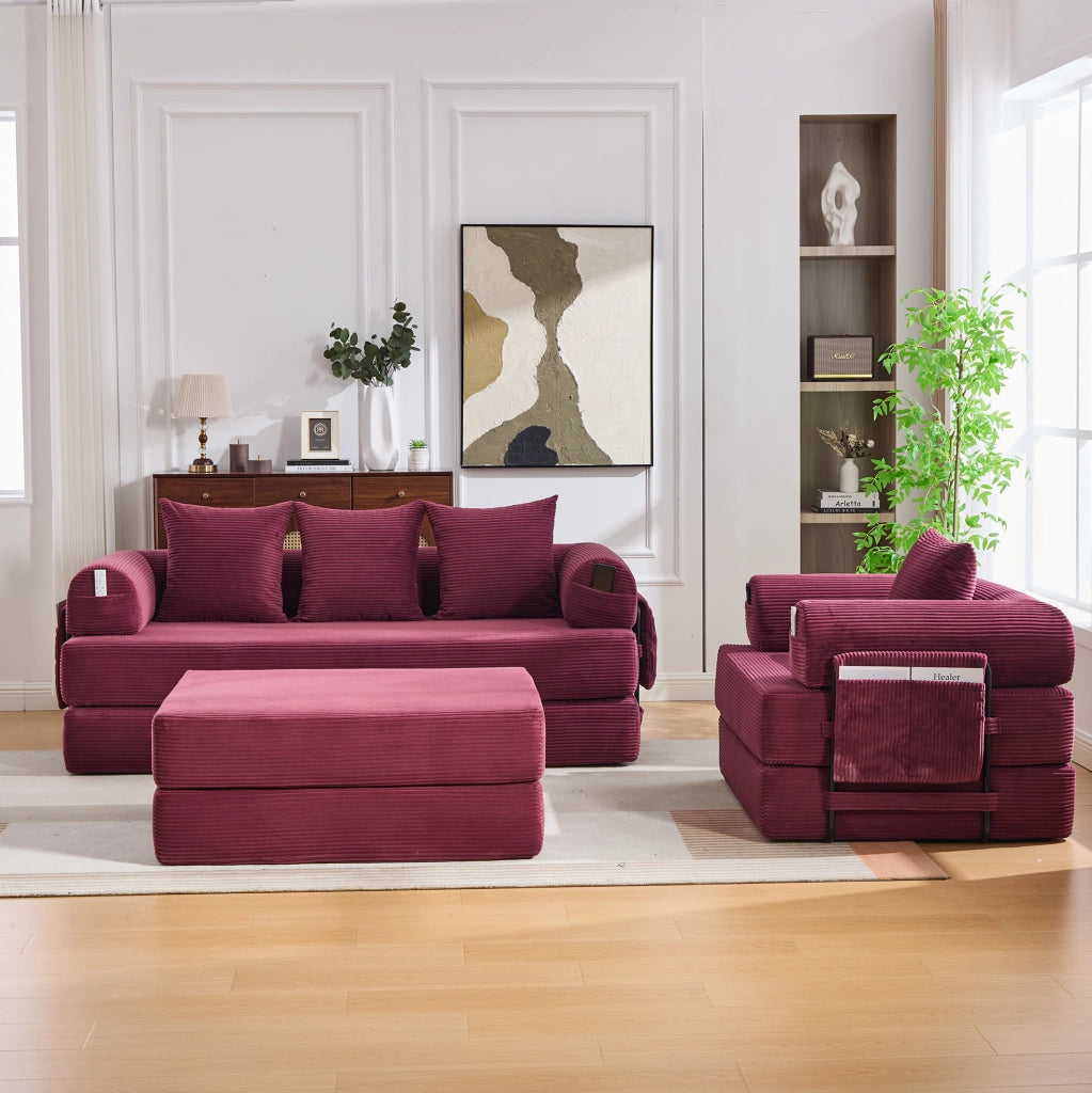Divano modulare ULEVR 3 posti con poltrona e pouf, struttura in metallo e tasca laterale, velluto a coste rosso vino