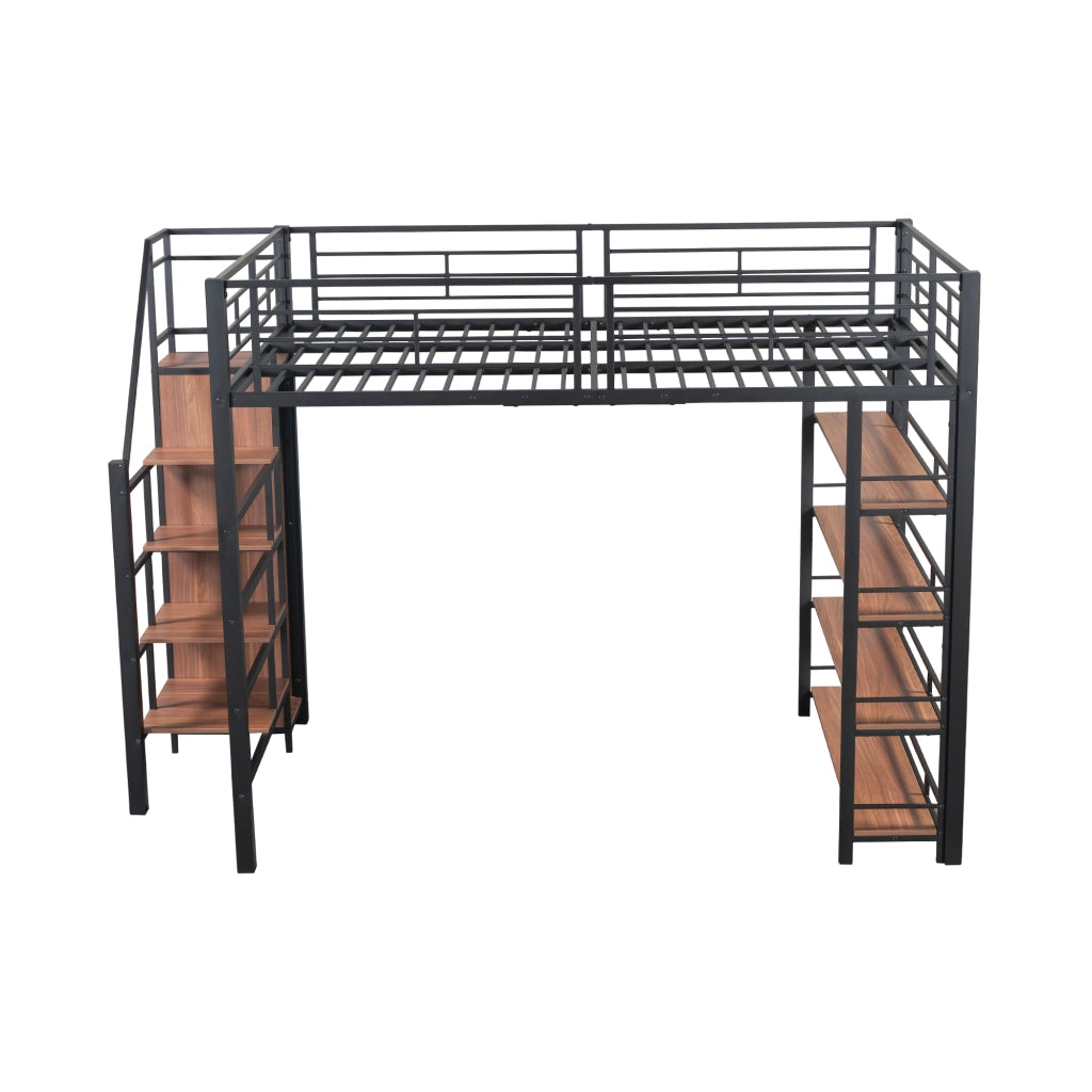 Letto a soppalco 140x200 cm in metallo e MDF con scala contenitore; ripiani e guardaroba nero