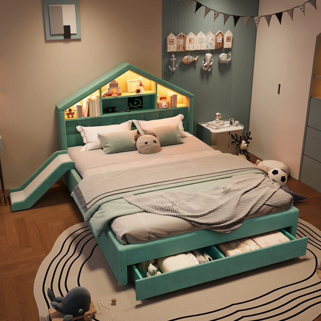 Letto per bambini imbottito 140 x 200 cm blu e verde con scivolo e contenitore