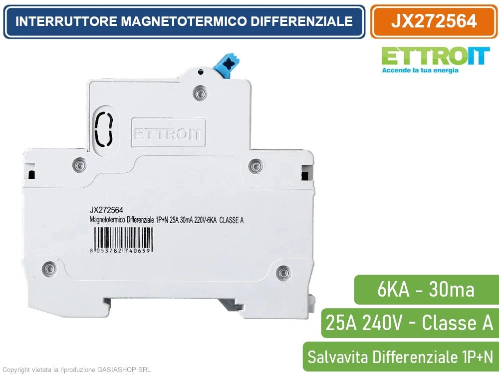 ETTROIT INTERRUTTORE MAGNETOTERMICO DIFFERENZIALE SALVAVITA PER BARRA DIN 2 MODULI 1P+N 25A C25 240V 30mA 6KA CLASSE A