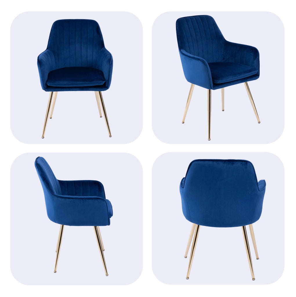 Set di 2 sedie da pranzo blu con braccioli e gambe dorate