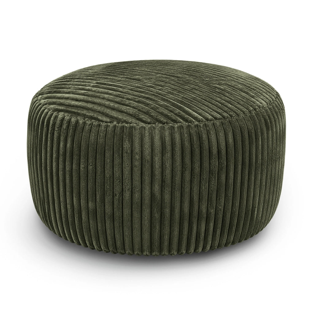 Pouf rotondo in velluto a coste verde con imbottitura morbida
