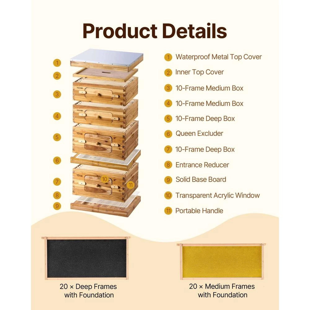 Kit Arnia Langstroth FX2+2 40 Telaini in Legno di Cedro con Cera d'Api per Apicoltura 2 Scatole Profonde 2 Medie Finestre Acrilico Robusto