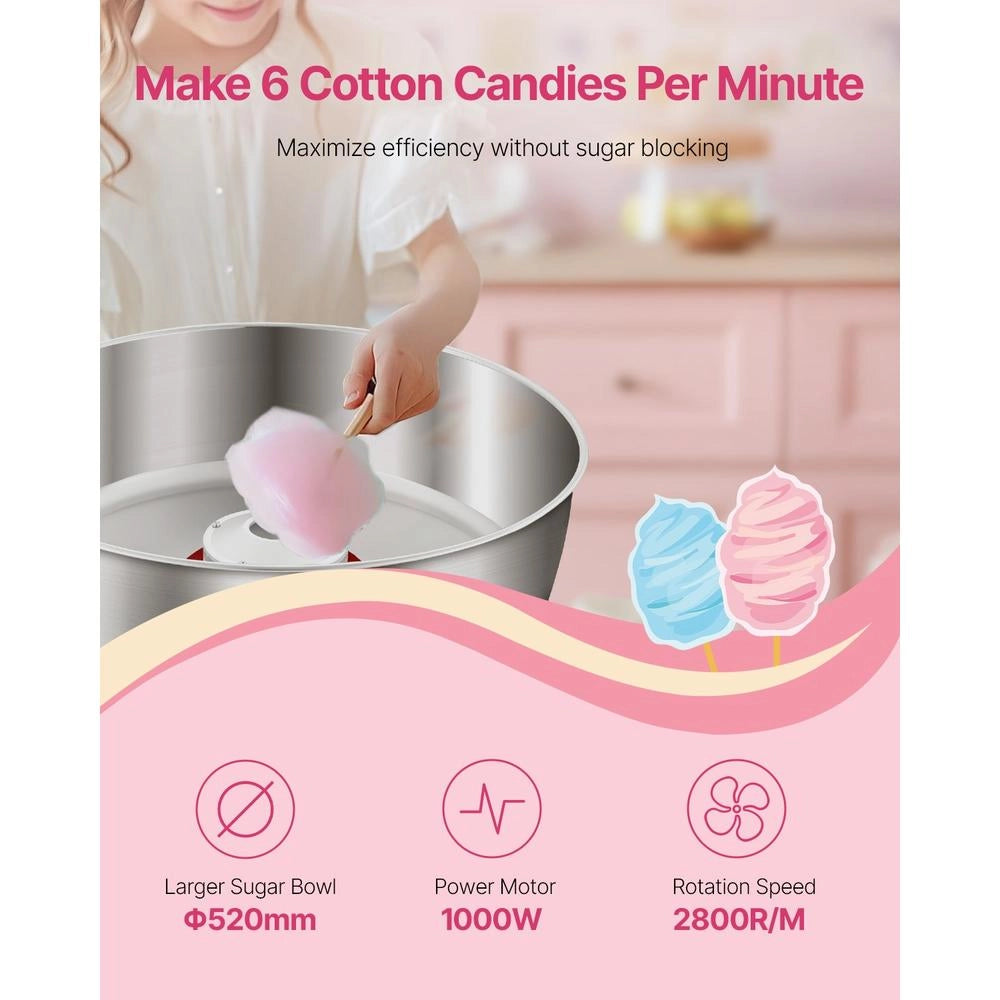 Macchina Elettrica per Zucchero Filato Commerciale 1000 W, Ciotola Acciaio Inox 52 cm, Rosa, con Misurino e Cassetto, Facile da Usare per Feste