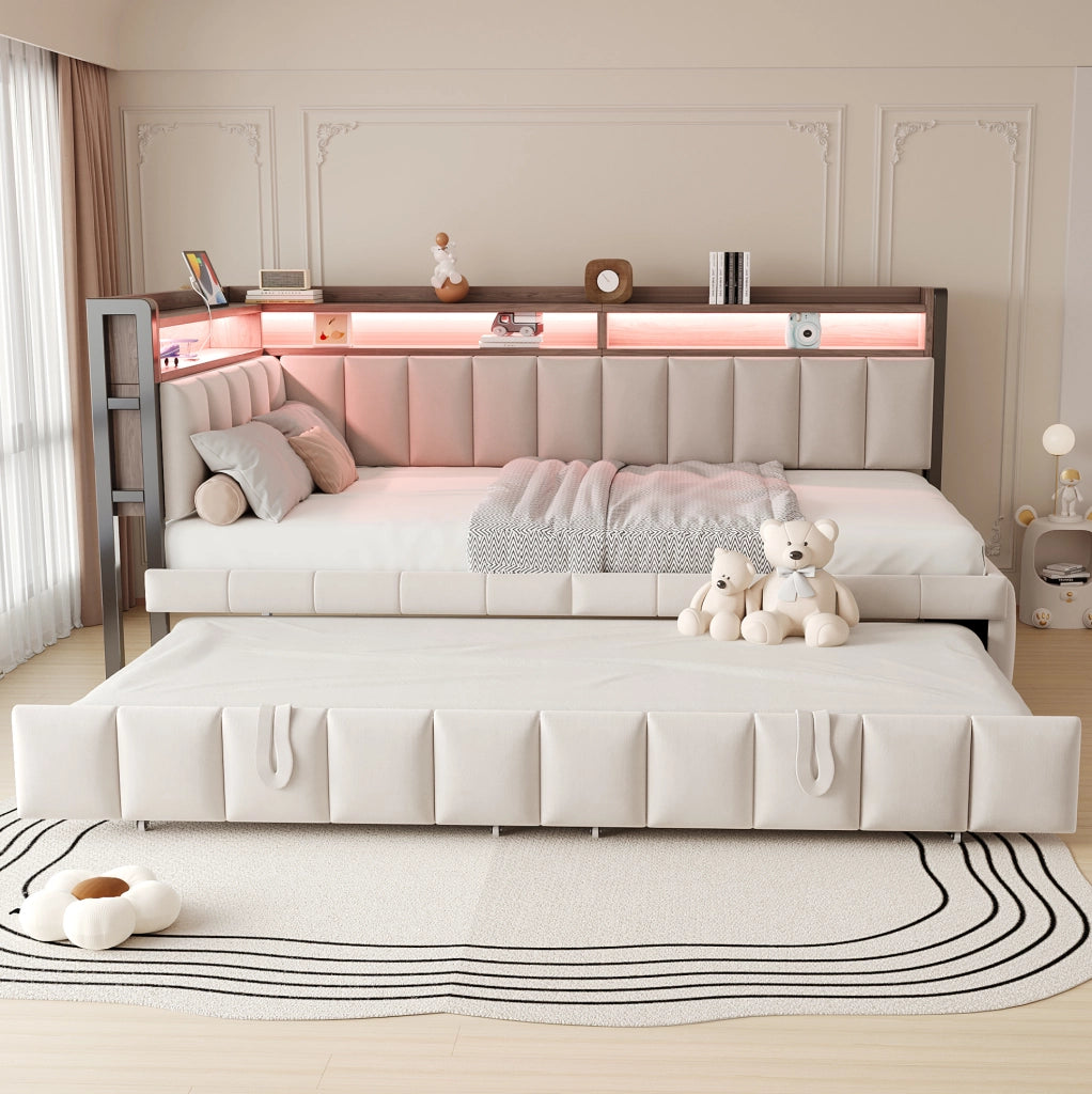 Divano letto estraibile 90x200 beige con LED, USB e Type-C