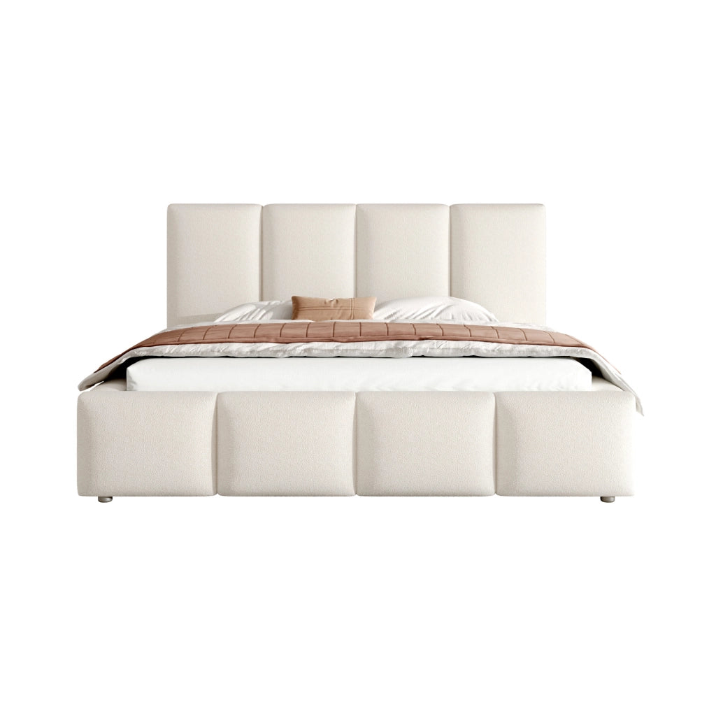 Letto contenitore matrimoniale 180x200 cm con sollevamento idraulico e rete a doghe; in bouclé bianco; senza materasso