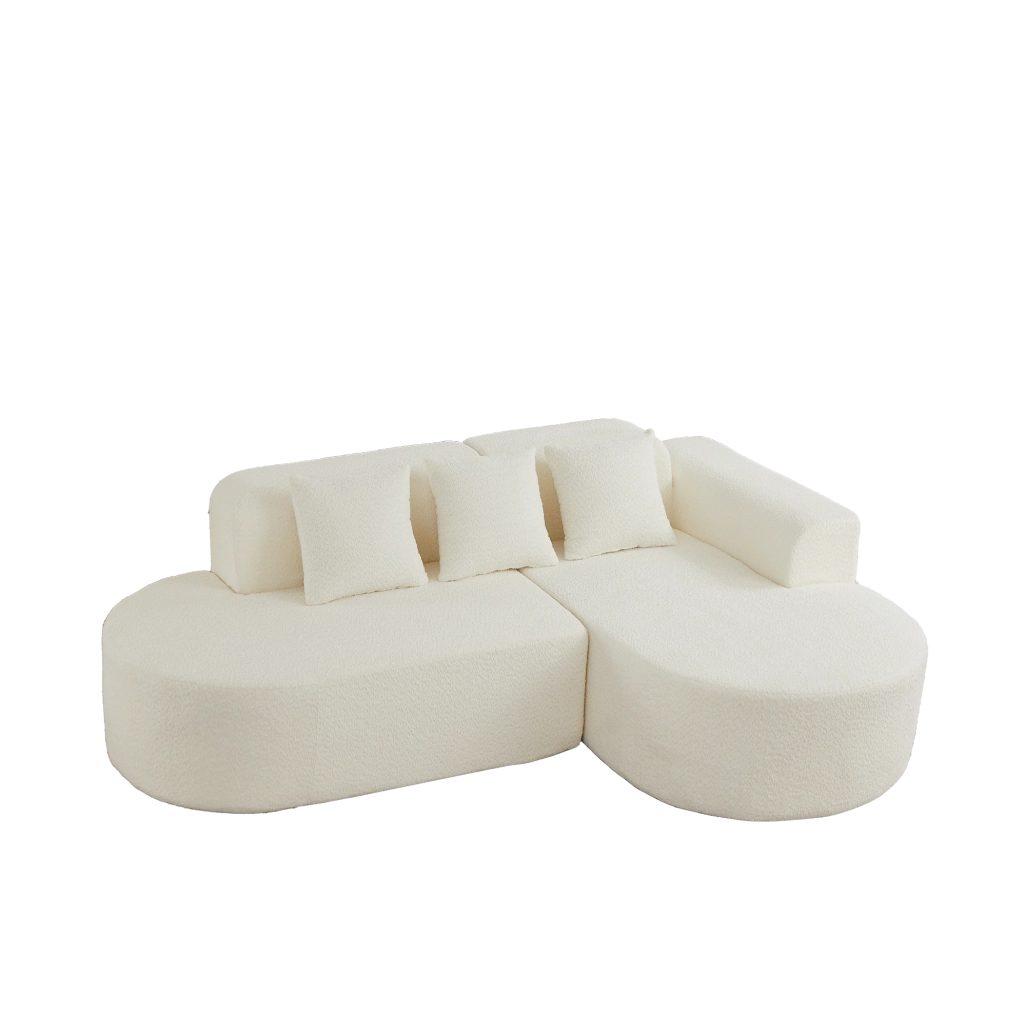 Divano angolare destro in chenille beige con 3 cuscini